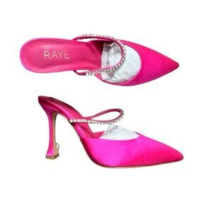 RAYE Hot Pink Satin Pointed Toe Heels with Crystal Strap